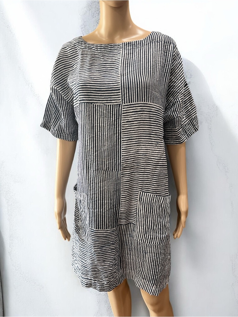 PALME French Boutique Mixed Stripe Patchwork shift travel dress-L